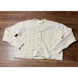 Cyrus Cable Knit Button Up Cardigan V Neck Sweater Cream Womens XL Rayon Blend